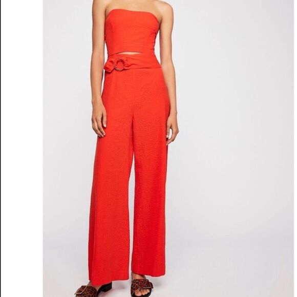 2 Free People Vibrant Orange Wide Leg Easy Street Jumpsuit strapless - Picture 1 of 7